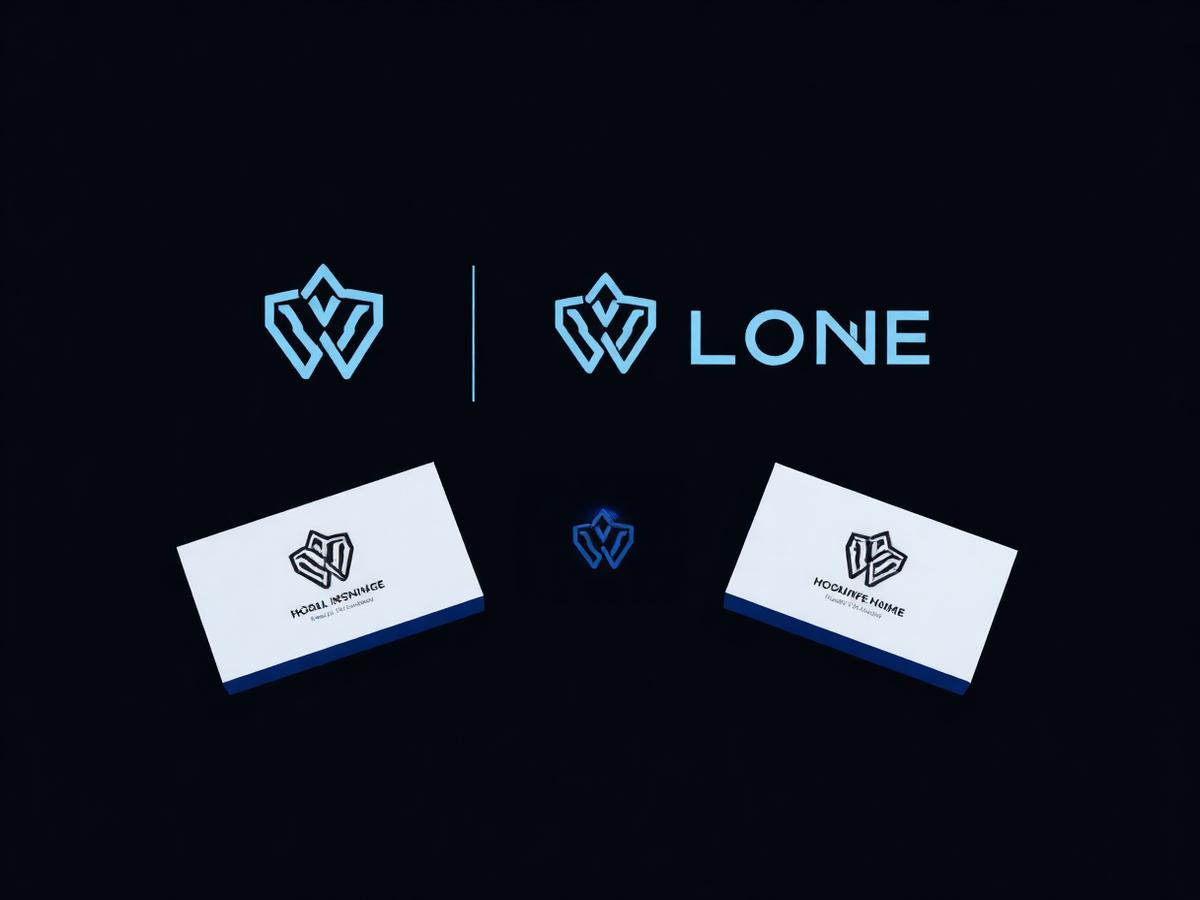 Geometric monogram logo presented on business cards against a dark background