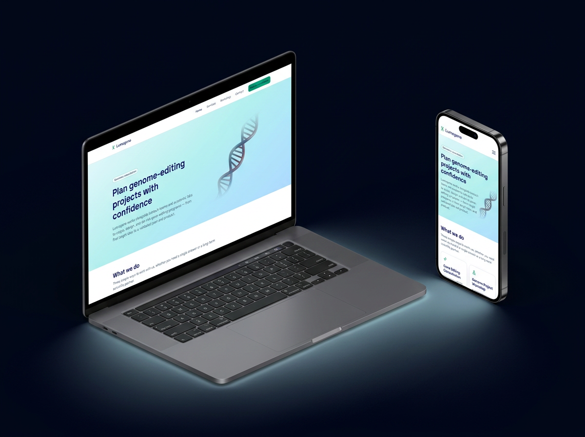 Lumogene genomics consultancy website homepage with a soft blue-green gradient hero