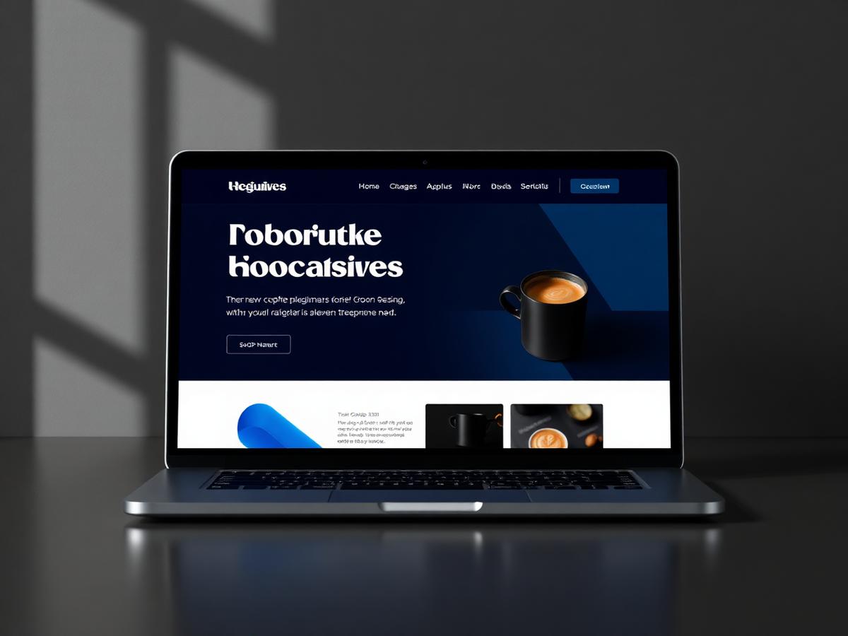 Dark blue e-commerce website design for a coffee roastery shown on a laptop